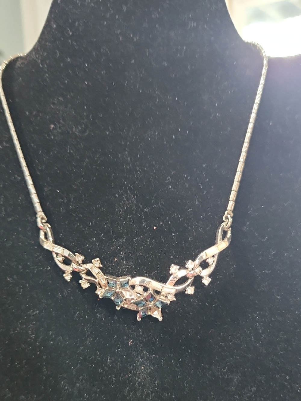 Silver-Tone Floral Crystal Necklace with Blue Accents - 14"